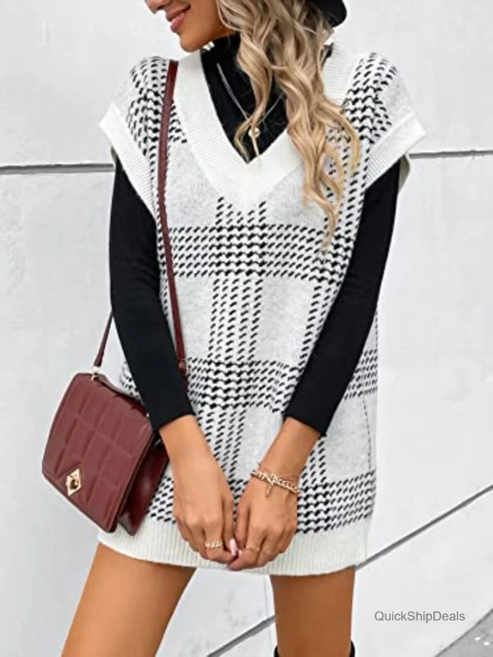 V Neck Sleeveless Oversized Plaid Cable Knit Sweater Vest